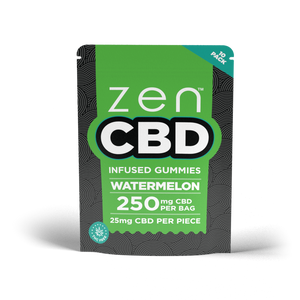 watermelon-250mg-10-pieces.pngZEN Watermelon CBD Gummies green pouch labelled 250 mg CBD per bag and 25 mg per piece, 10 pack.