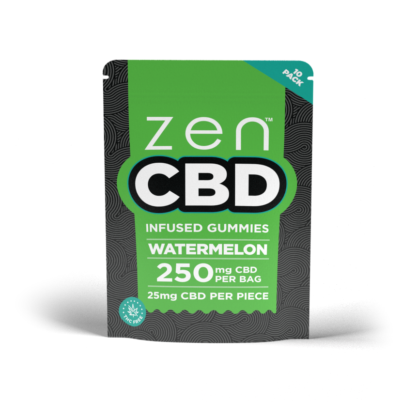watermelon-250mg-10-pieces.pngZEN Watermelon CBD Gummies green pouch labelled 250 mg CBD per bag and 25 mg per piece, 10 pack.