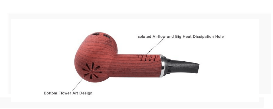 1 red wood pipevape, indicating location of dissipation holes and isolated airflows