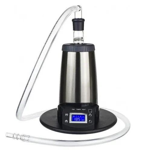 Arizer V Tower - Front image with glass contectors and mouthpiece tube attached, The desktop dry herb vaporizer is swithched on showing the LED screen at 185